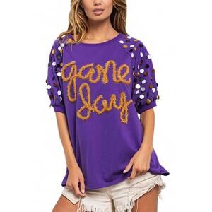 NEW VANILLA MONKEY game day metallic blouse in purple/gold